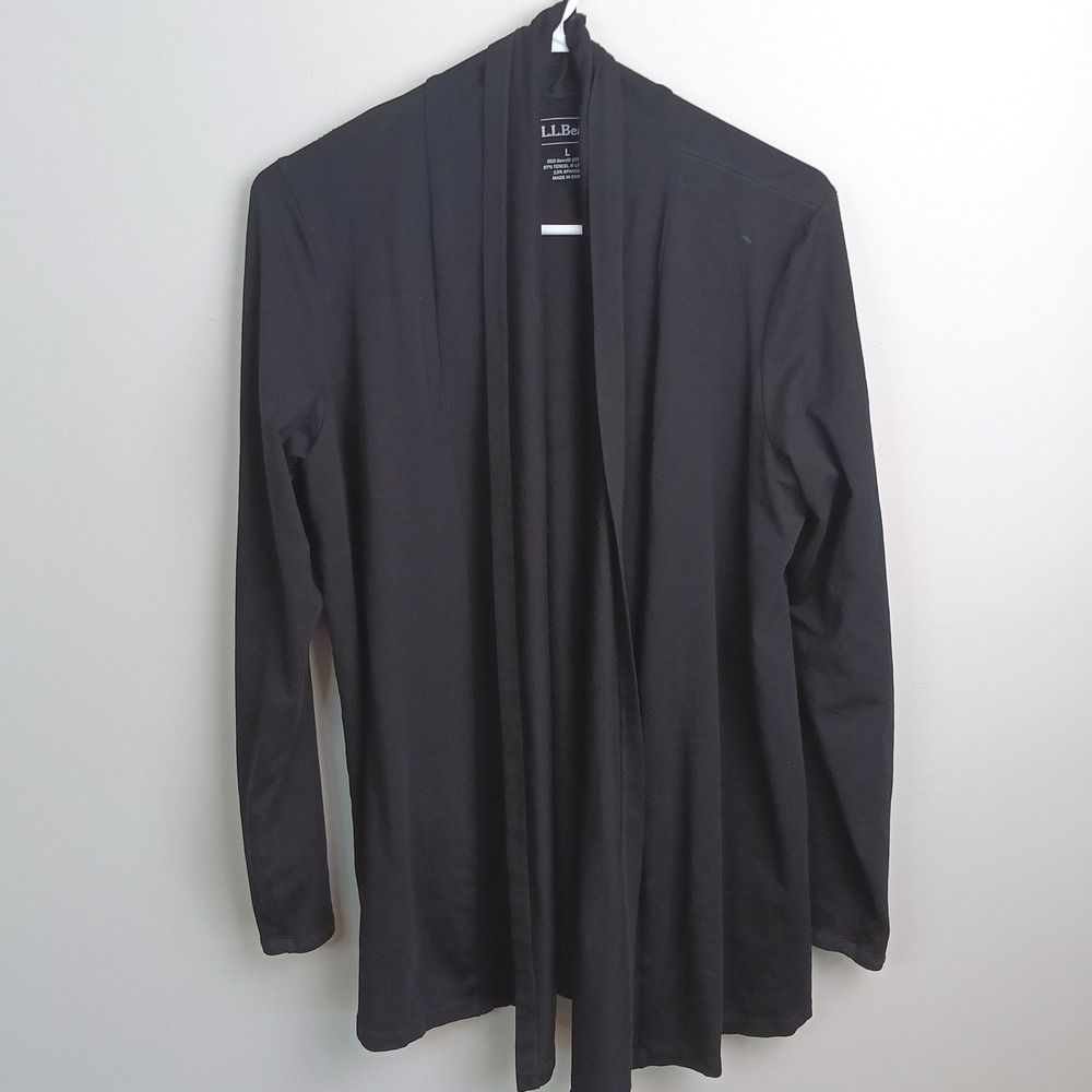 LL Bean Cardigan Womens Large Black Excellent Tencel Lyocell Open Front 279230
